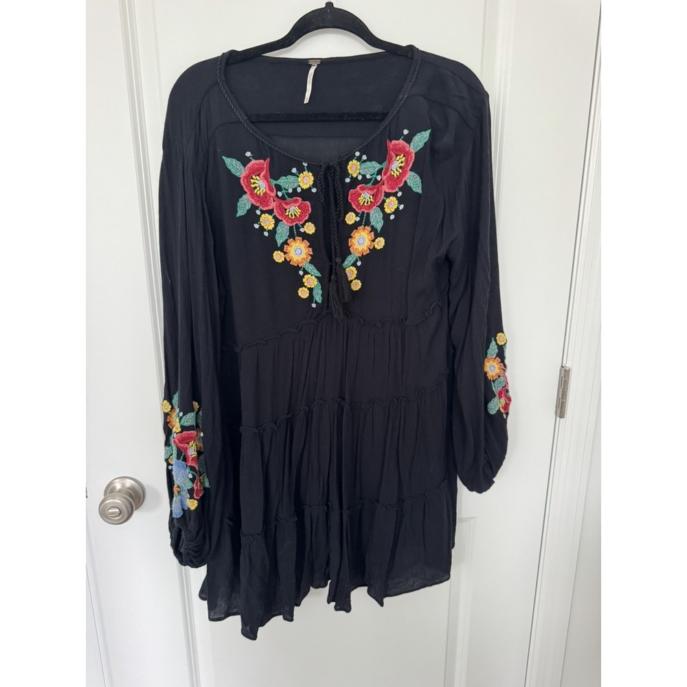 Free People Spell On You Tiered Floral Embroidered Dress Black XS Tie Neck